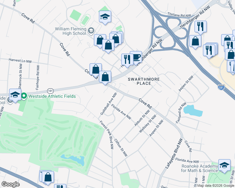 map of restaurants, bars, coffee shops, grocery stores, and more near 1532-1598 Guildhall Avenue Northwest in Roanoke