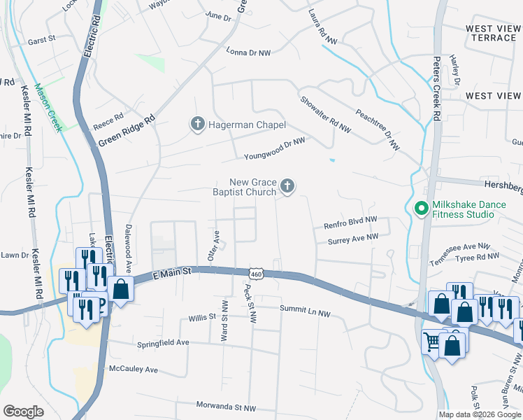 map of restaurants, bars, coffee shops, grocery stores, and more near 1407 Graybill Street Northwest in Roanoke