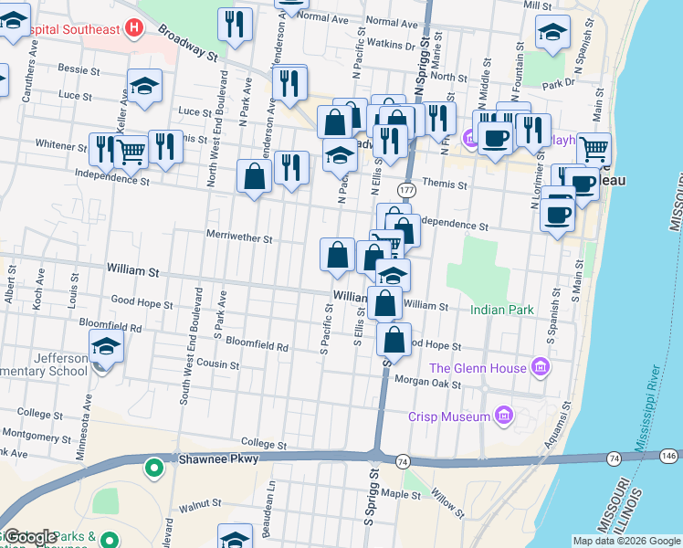 map of restaurants, bars, coffee shops, grocery stores, and more near 139 South Pacific Street in Cape Girardeau