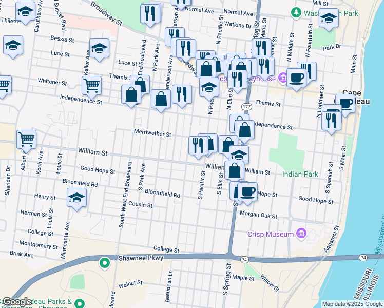 map of restaurants, bars, coffee shops, grocery stores, and more near 135 South Benton Street in Cape Girardeau