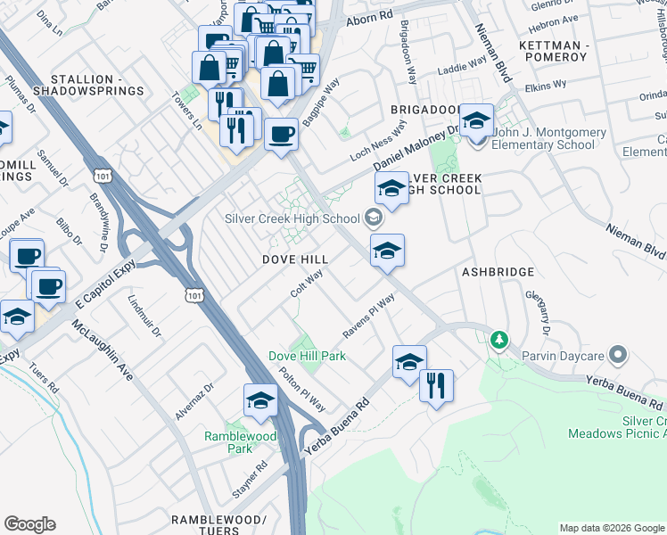 map of restaurants, bars, coffee shops, grocery stores, and more near 1549 Via Alegria Court in San Jose