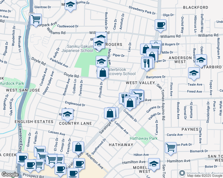 map of restaurants, bars, coffee shops, grocery stores, and more near 4633 Winding Way in San Jose