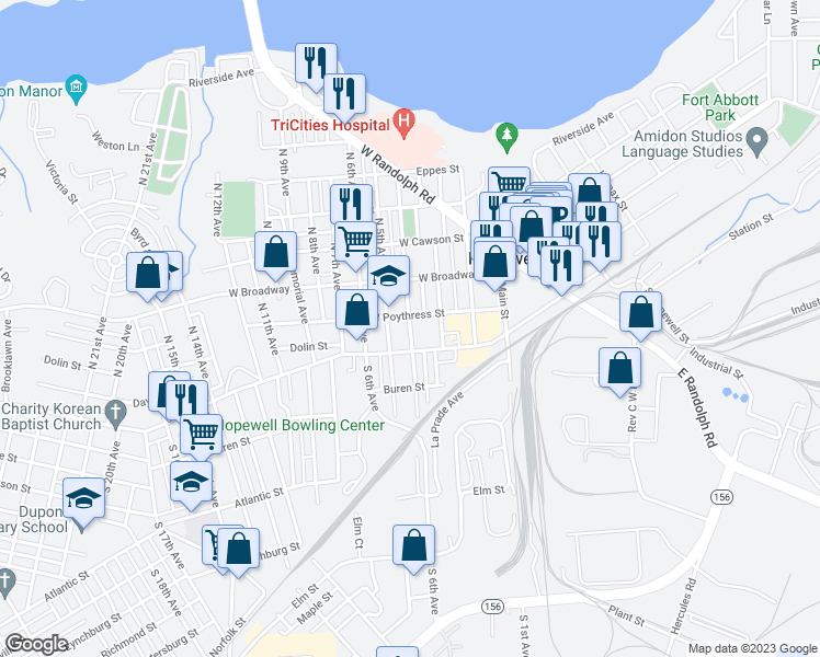 map of restaurants, bars, coffee shops, grocery stores, and more near 109 North 4th Avenue in Hopewell