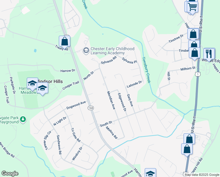map of restaurants, bars, coffee shops, grocery stores, and more near 15817 Meridian Avenue in Chester
