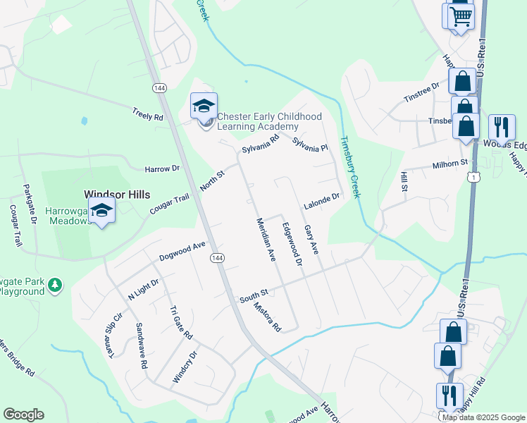 map of restaurants, bars, coffee shops, grocery stores, and more near 15817 Meridian Avenue in Chester