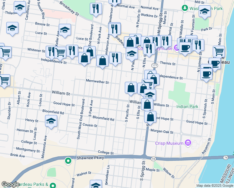 map of restaurants, bars, coffee shops, grocery stores, and more near 135 South Benton Street in Cape Girardeau