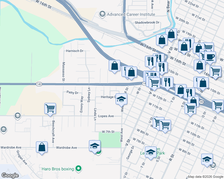 map of restaurants, bars, coffee shops, grocery stores, and more near 1122 Monticello Court in Merced