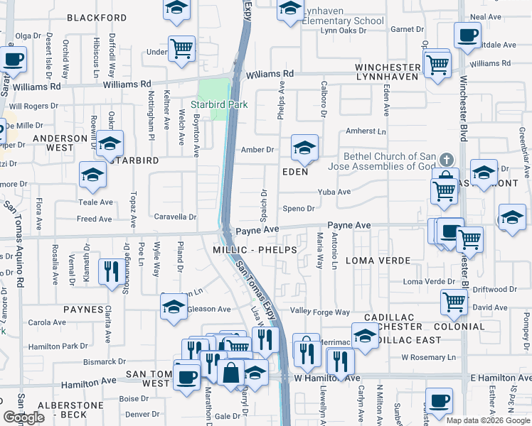 map of restaurants, bars, coffee shops, grocery stores, and more near 1256 Spaich Dr in San Jose