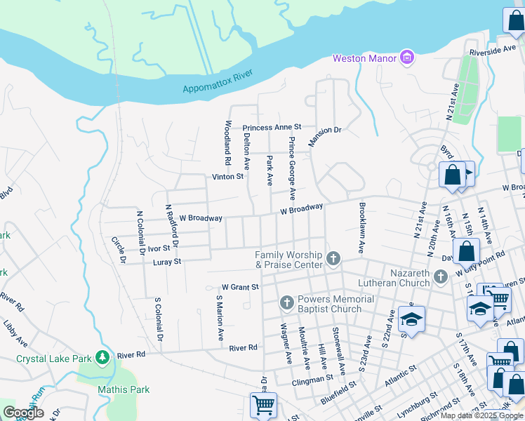 map of restaurants, bars, coffee shops, grocery stores, and more near 2913 West Broadway in Hopewell