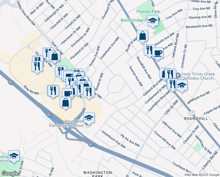 map of restaurants, bars, coffee shops, grocery stores, and more near 2513 Roundtop Road Northwest in Roanoke