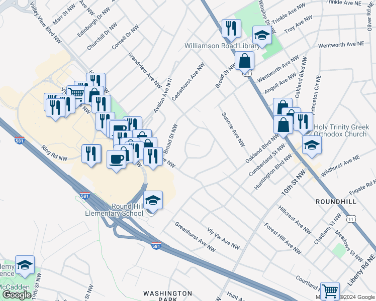 map of restaurants, bars, coffee shops, grocery stores, and more near 2513 Roundtop Road Northwest in Roanoke