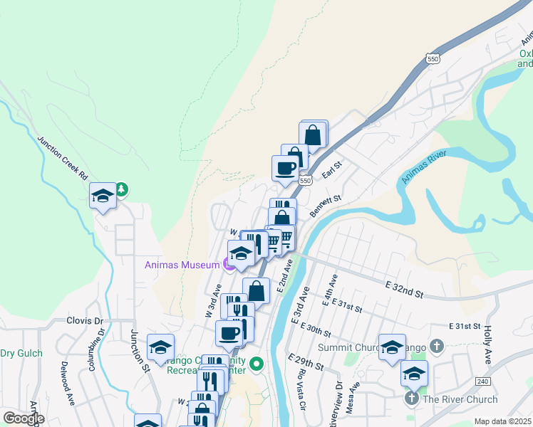 map of restaurants, bars, coffee shops, grocery stores, and more near 160 West 33rd Street in Durango
