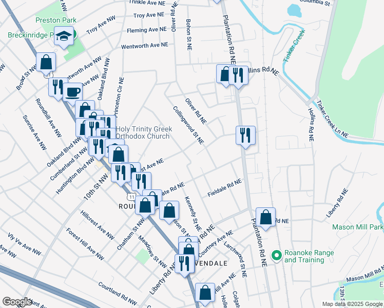 map of restaurants, bars, coffee shops, grocery stores, and more near 3111 Ellsworth Street Northeast in Roanoke