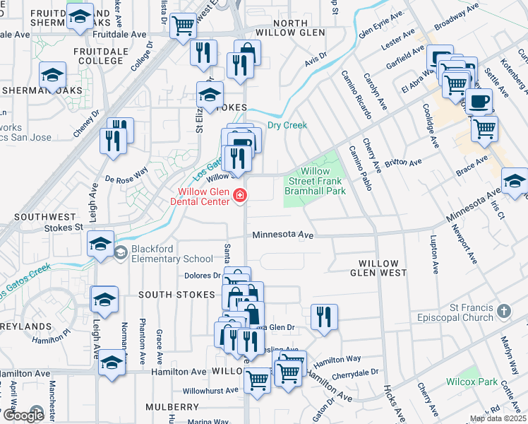 map of restaurants, bars, coffee shops, grocery stores, and more near 1565 Camino Monde in San Jose