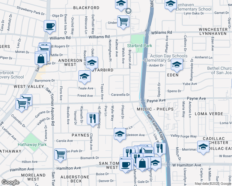 map of restaurants, bars, coffee shops, grocery stores, and more near 3769 Caravella Drive in San Jose