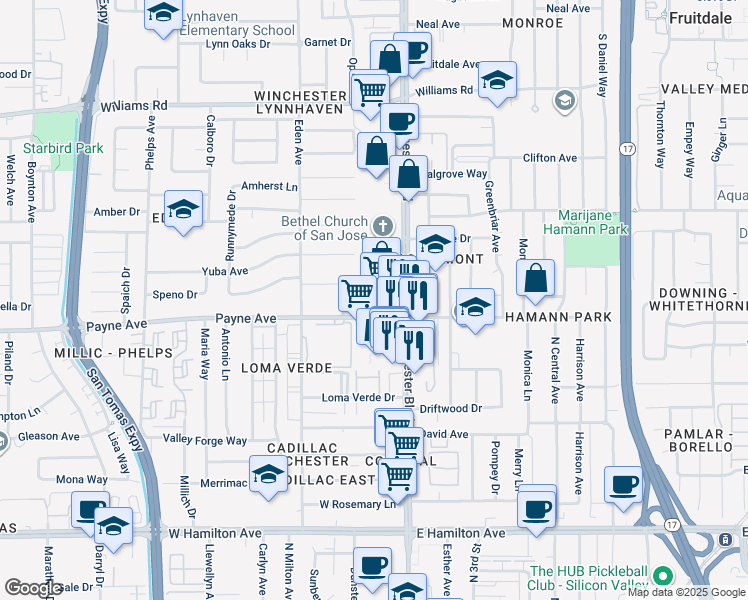 map of restaurants, bars, coffee shops, grocery stores, and more near 3153 Payne Avenue in San Jose