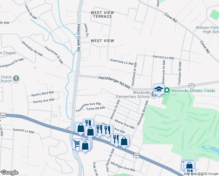 map of restaurants, bars, coffee shops, grocery stores, and more near 4145 Wyoming Avenue Northwest in Roanoke