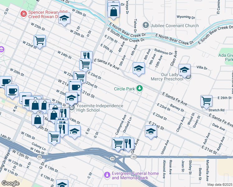 map of restaurants, bars, coffee shops, grocery stores, and more near 251 East 22nd Street in Merced