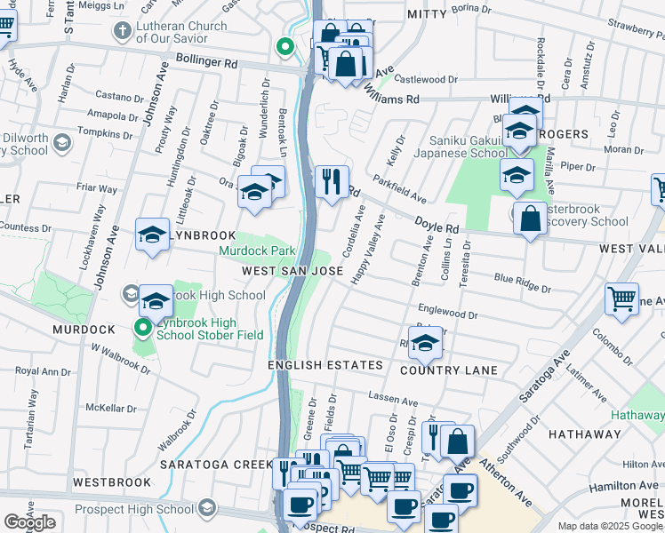 map of restaurants, bars, coffee shops, grocery stores, and more near 1281 Cordelia Avenue in San Jose