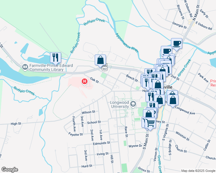 map of restaurants, bars, coffee shops, grocery stores, and more near 608 Oak Street in Farmville