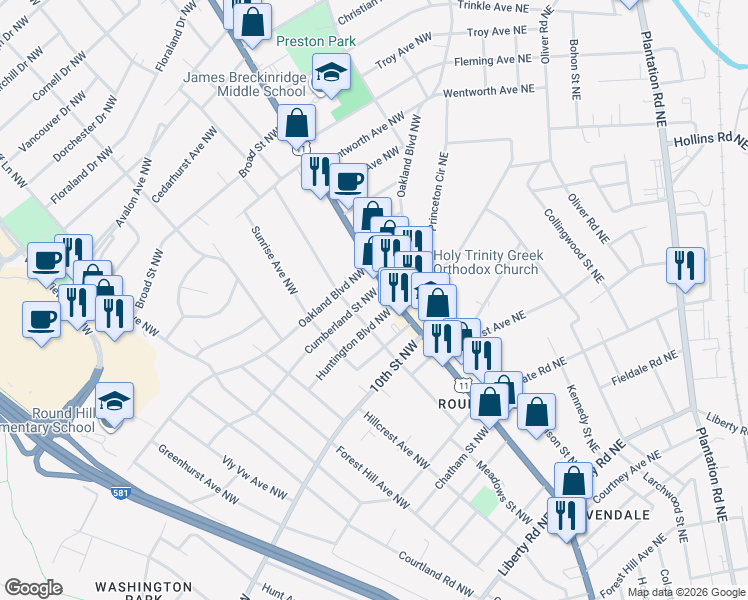 map of restaurants, bars, coffee shops, grocery stores, and more near 3406 Williamson Road in Roanoke