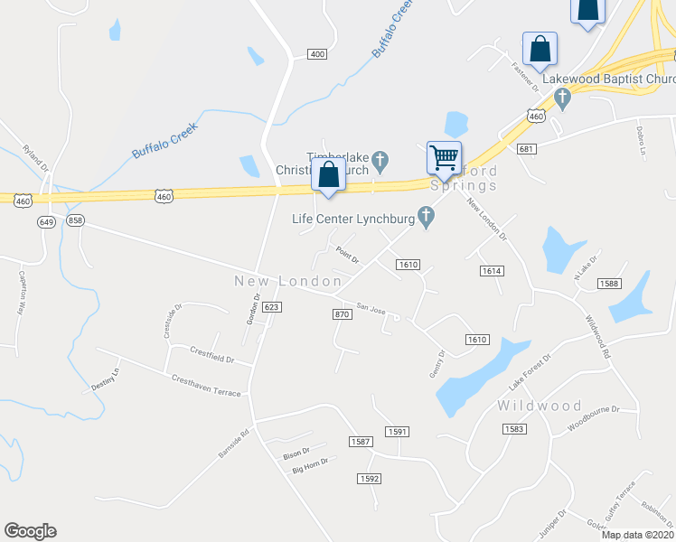 map of restaurants, bars, coffee shops, grocery stores, and more near 73 Blue Drive in Lynchburg