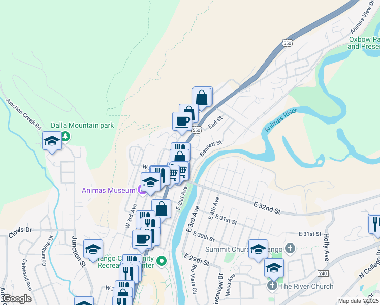 map of restaurants, bars, coffee shops, grocery stores, and more near 3310 Main Avenue in Durango