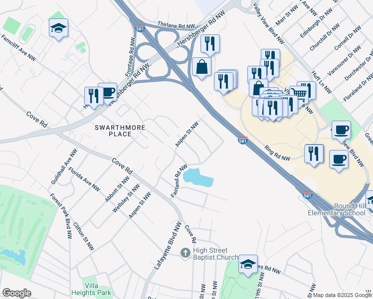 map of restaurants, bars, coffee shops, grocery stores, and more near 2738 Kirkland Drive Northwest in Roanoke