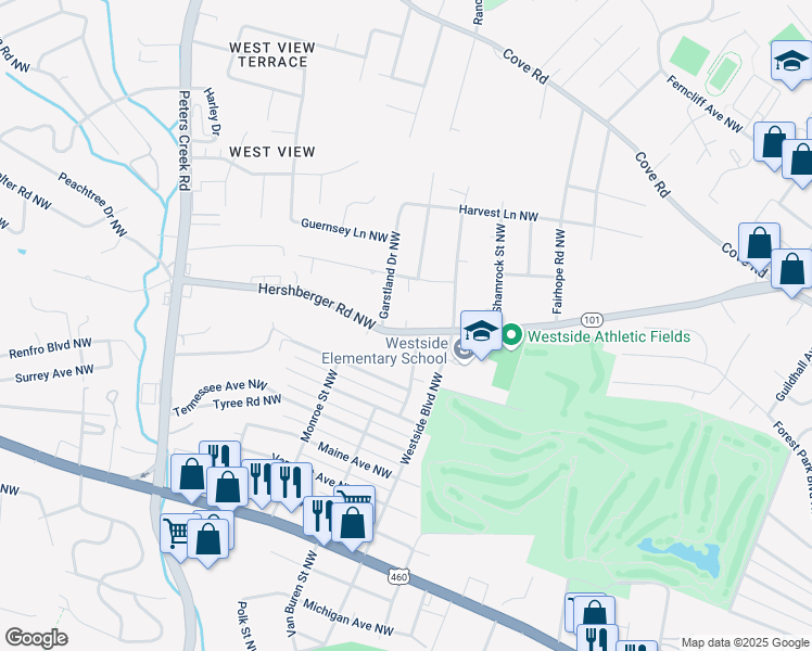 map of restaurants, bars, coffee shops, grocery stores, and more near 3937 Hershberger Road Northwest in Roanoke