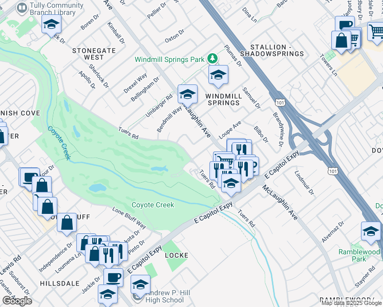 map of restaurants, bars, coffee shops, grocery stores, and more near 2988 Tuers Road in San Jose