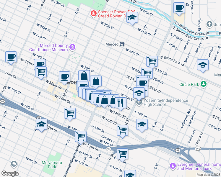 map of restaurants, bars, coffee shops, grocery stores, and more near 239 West 19th Street in Merced