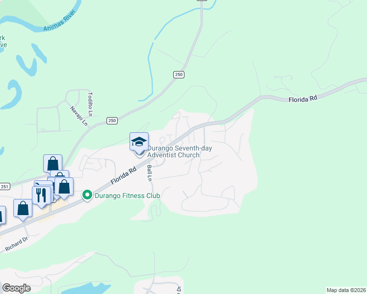 map of restaurants, bars, coffee shops, grocery stores, and more near 1920 Florida Road in Durango