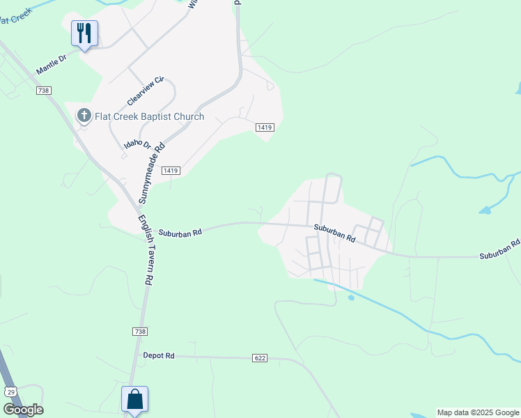 map of restaurants, bars, coffee shops, grocery stores, and more near 2823 Suburban Road in Lynchburg