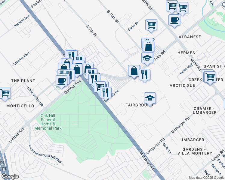 map of restaurants, bars, coffee shops, grocery stores, and more near 111 Old Tully Road in San Jose
