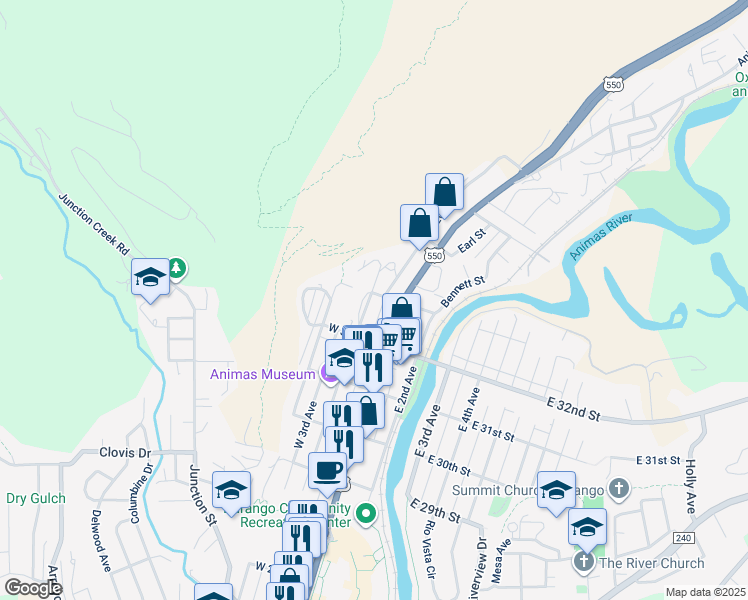map of restaurants, bars, coffee shops, grocery stores, and more near 160 W 33rd St in Durango