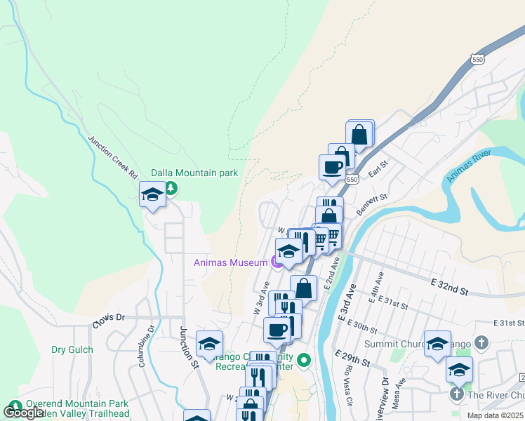 map of restaurants, bars, coffee shops, grocery stores, and more near 3200-3298 West 6th Avenue in Durango