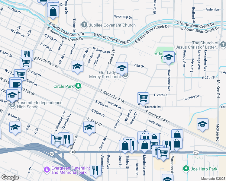 map of restaurants, bars, coffee shops, grocery stores, and more near 1241 East Santa Fe Avenue in Merced