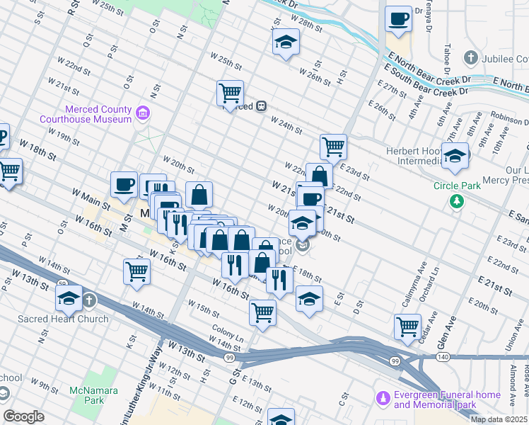 map of restaurants, bars, coffee shops, grocery stores, and more near 155 West 19th Street in Merced