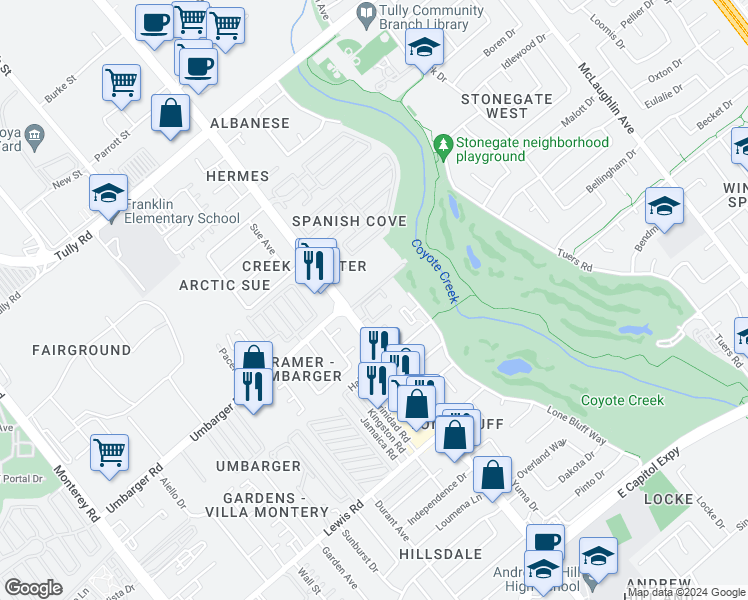 map of restaurants, bars, coffee shops, grocery stores, and more near 667 Balfour Drive in San Jose