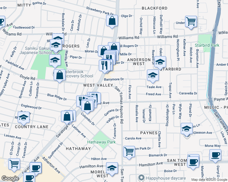 map of restaurants, bars, coffee shops, grocery stores, and more near 1255 San Tomas Aquino Road in San Jose