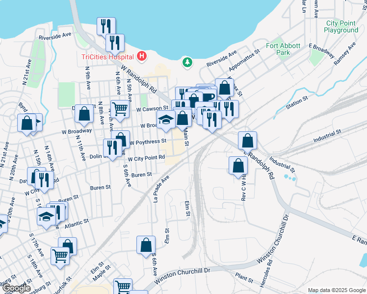 map of restaurants, bars, coffee shops, grocery stores, and more near 104 North Main Street in Hopewell
