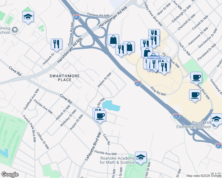 map of restaurants, bars, coffee shops, grocery stores, and more near in Roanoke