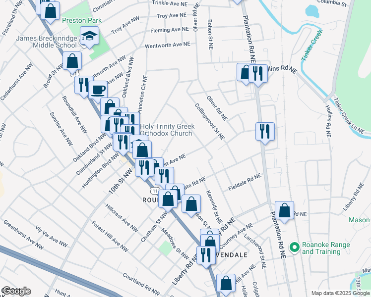 map of restaurants, bars, coffee shops, grocery stores, and more near 168 Wildhurst Avenue Northeast in Roanoke