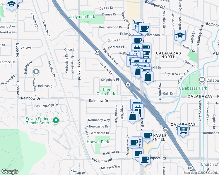 map of restaurants, bars, coffee shops, grocery stores, and more near 1198 Moltzen Drive in Cupertino