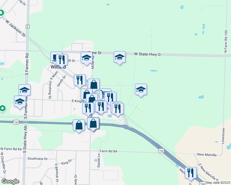 map of restaurants, bars, coffee shops, grocery stores, and more near 414 Beam Street in Willard