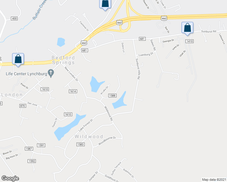 map of restaurants, bars, coffee shops, grocery stores, and more near 116 South Lake Drive in Lynchburg
