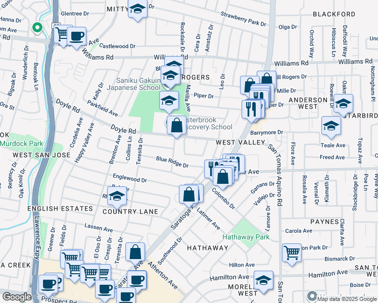 map of restaurants, bars, coffee shops, grocery stores, and more near 4633 Winding Way in San Jose