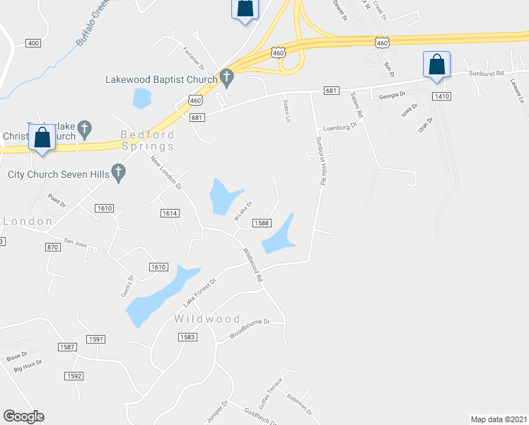 map of restaurants, bars, coffee shops, grocery stores, and more near 116 South Lake Drive in Lynchburg