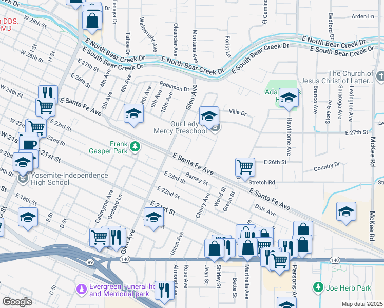 map of restaurants, bars, coffee shops, grocery stores, and more near 1381 East Santa Fe Avenue in Merced