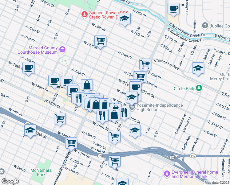 map of restaurants, bars, coffee shops, grocery stores, and more near 134 West 20th Street in Merced